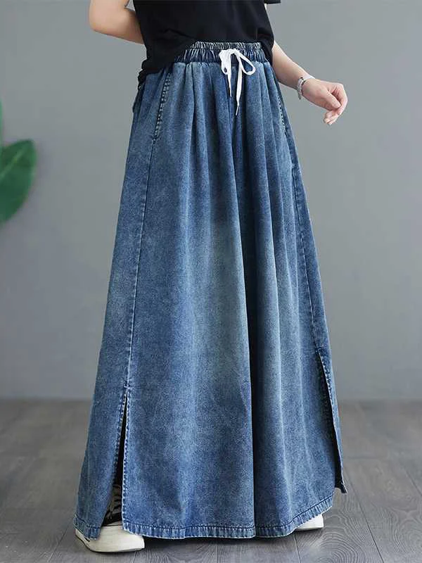 Loose Wide Leg Drawstring Split-Side Jean Pants Bottoms Trousers