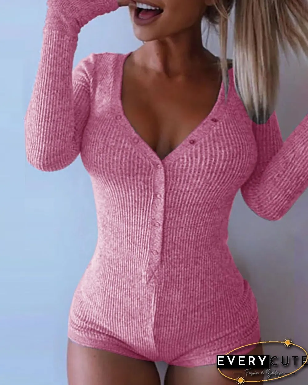 Plain Long Sleeve Button Design Lounge Romper