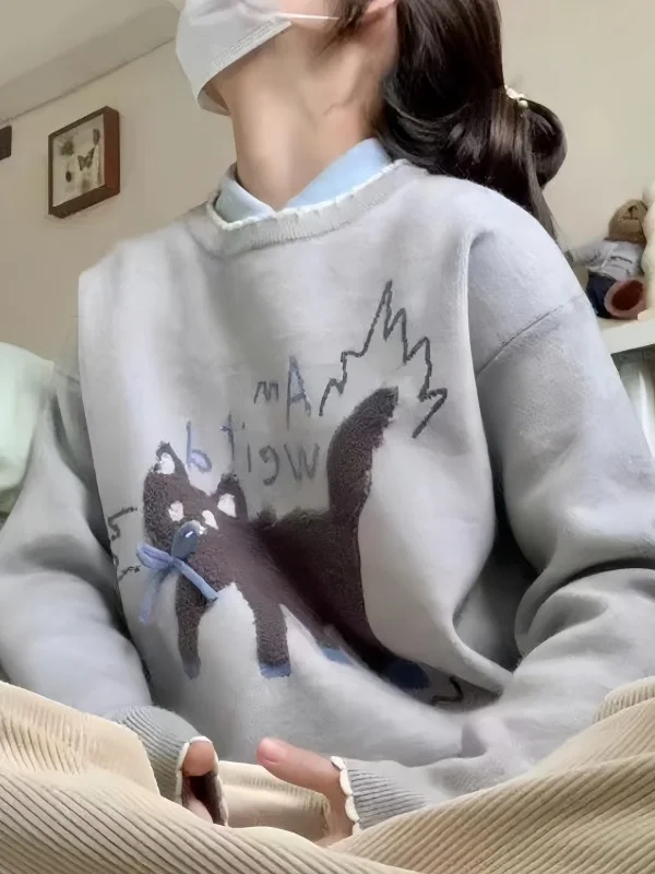 Athvotar Athvotar Academy Wind Knitted Sweater Woman Design Sensing Cat Pattern Lazy Small Knitted T-Shirt Winter