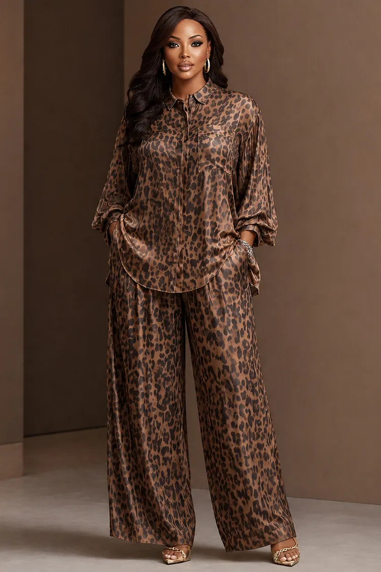 Xpluswear Design Plus Size Business Casual Brown Leopard Shirt Collar Long Sleeve Pocket Wide Leg Two Piece Pant Sets [Pre-Order] 2024 - Xpluswear
