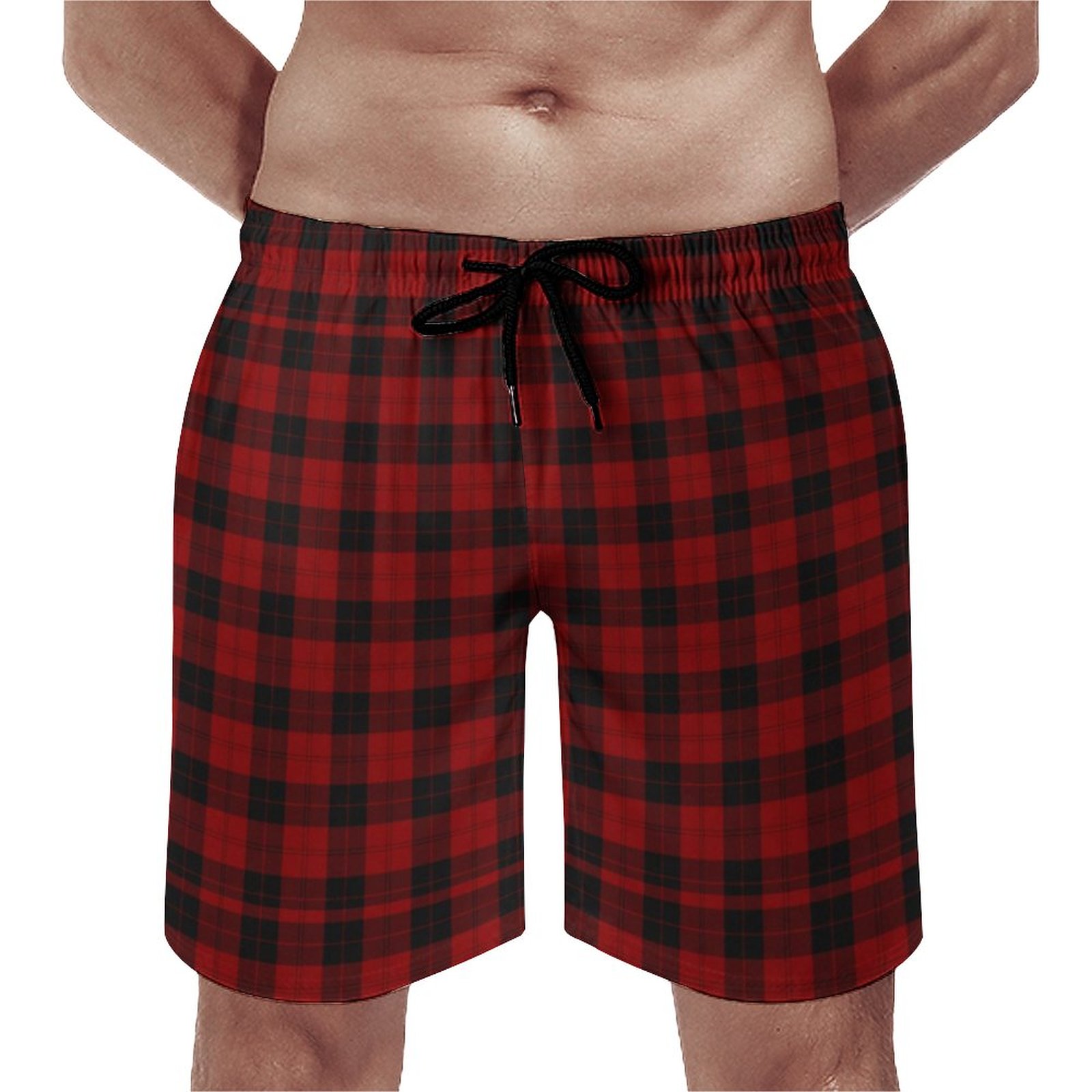 Trendy Buffalo Plaid Red Black Checks Lumberjack Elegant Men's Swim Trunks Summer Board Shorts Quick Dry Beach Short with Pockets