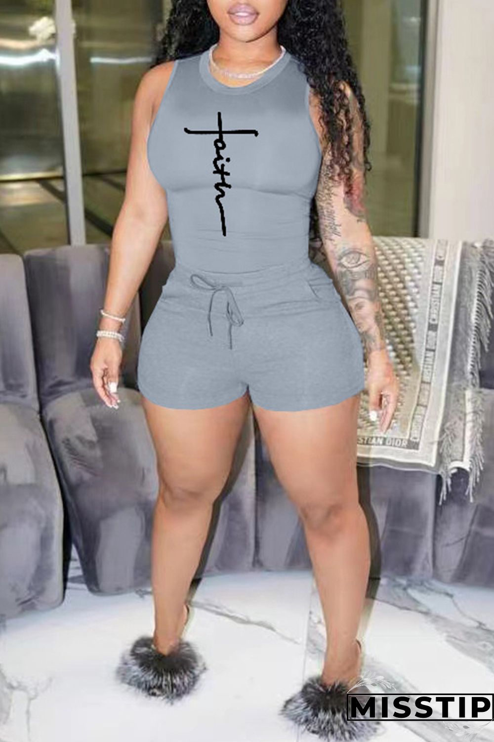 Blue Fashion Casual Sportswear Print Basic O Neck Sleeveless Two Pieces