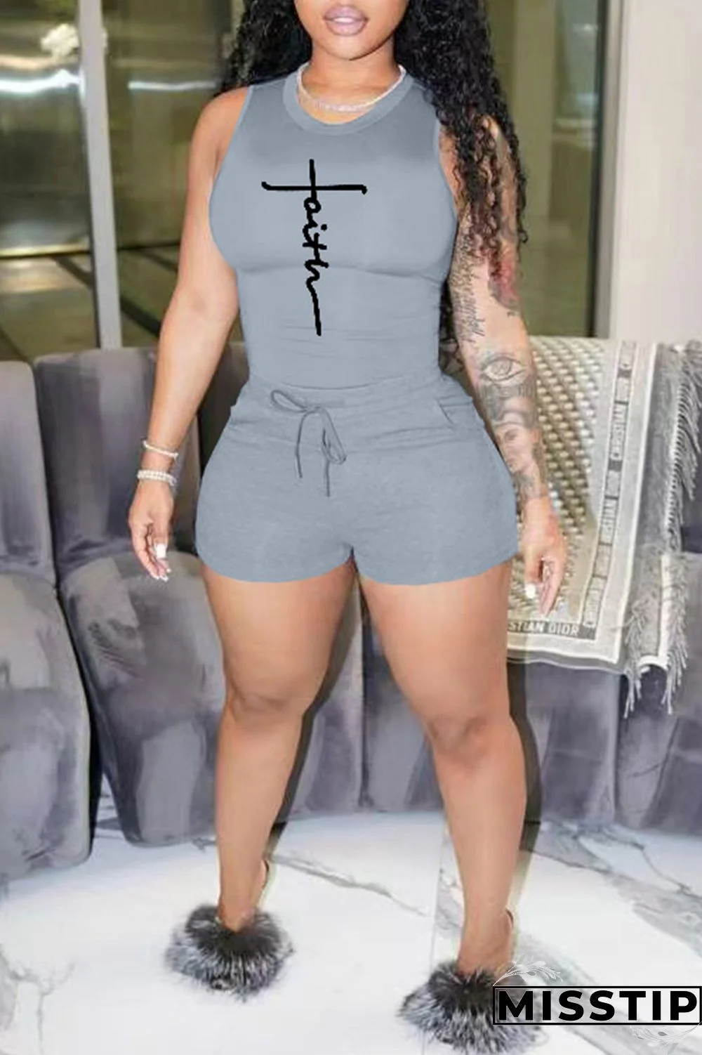 Blue Fashion Casual Sportswear Print Basic O Neck Sleeveless Two Pieces