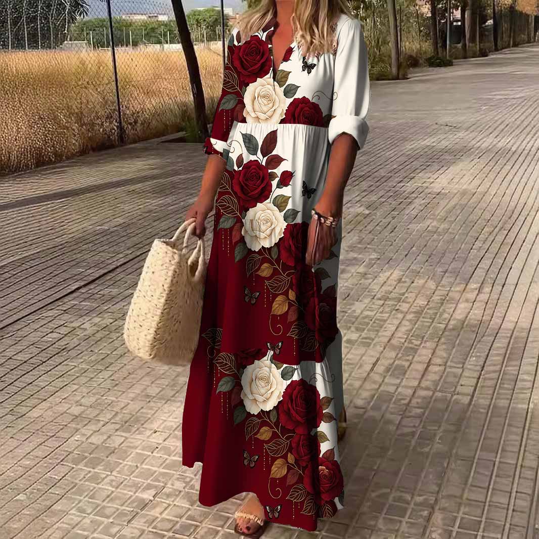 Women Floral,Burgundy,Pink DZDN0794 SPU Printed Long Sleeve V-neck Maxi Dress