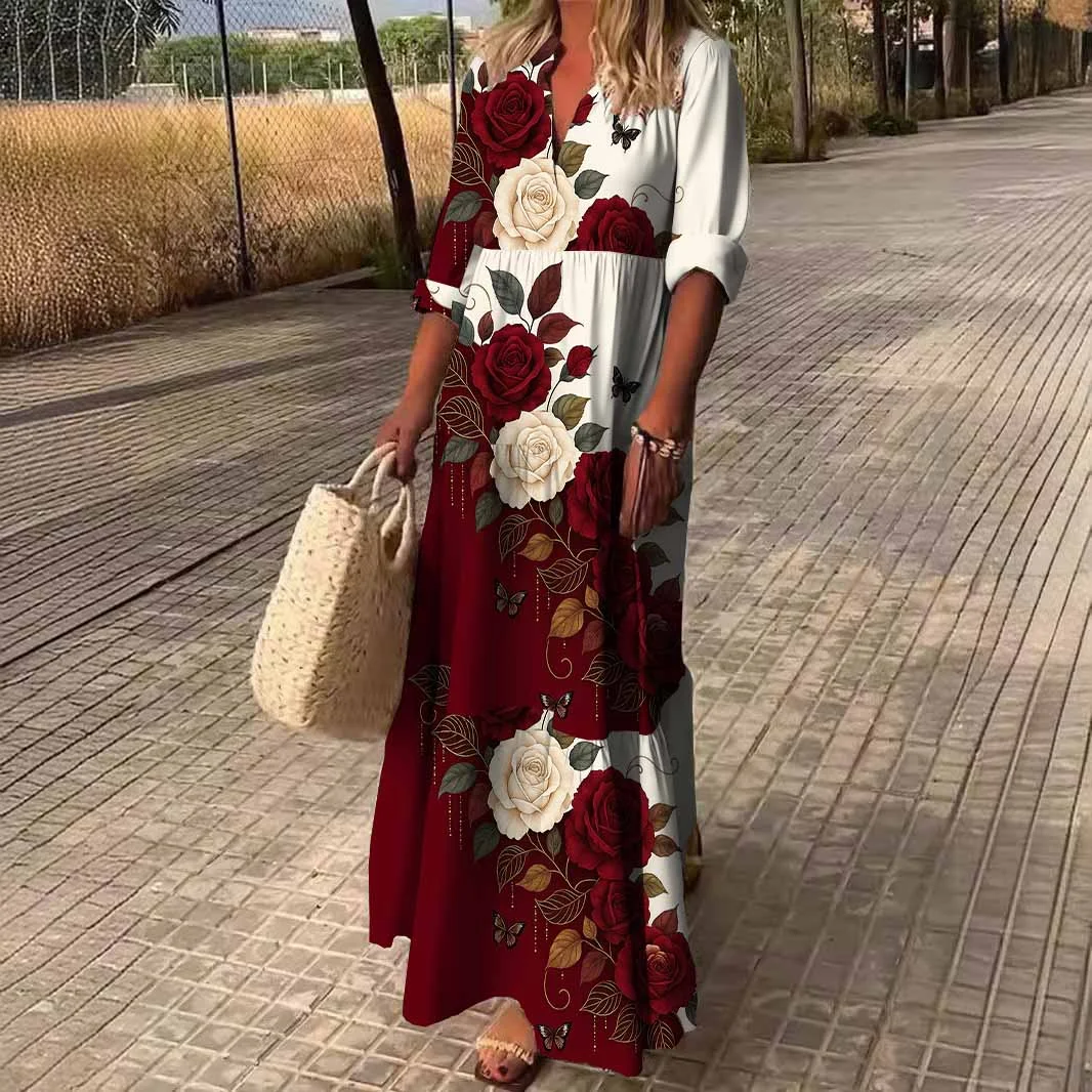 Women Floral,Burgundy,Pink DZDN0794 SPU Printed Long Sleeve V-neck Maxi Dress