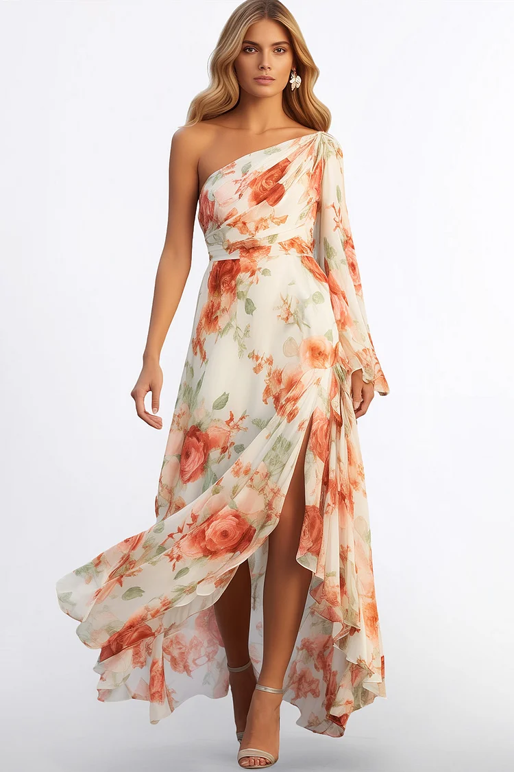 Zaruci Wedding Guest Orange Chiffon Floral Print One Shoulder Slit Maxi Dress [Pre-Order]