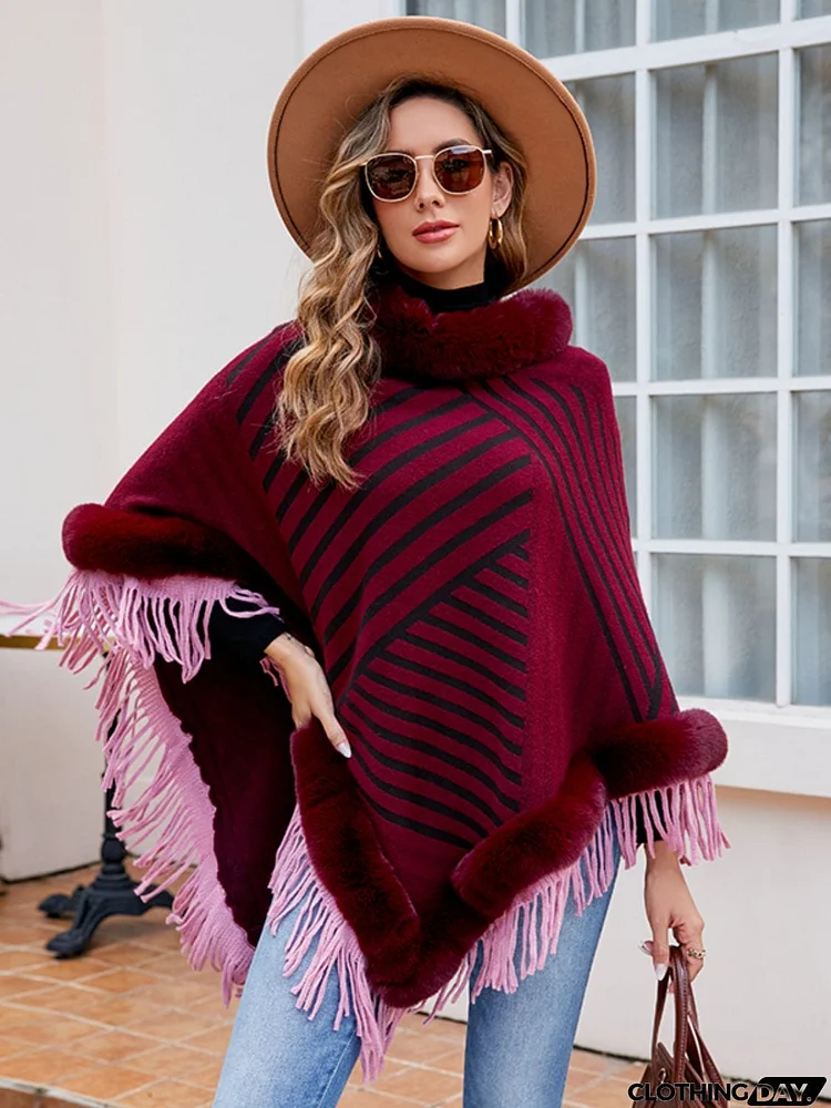 Striped Fringe Hem Poncho