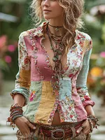 Women's Vintage Bohemian Floral Art Patchwork Long Sleeve Shirt