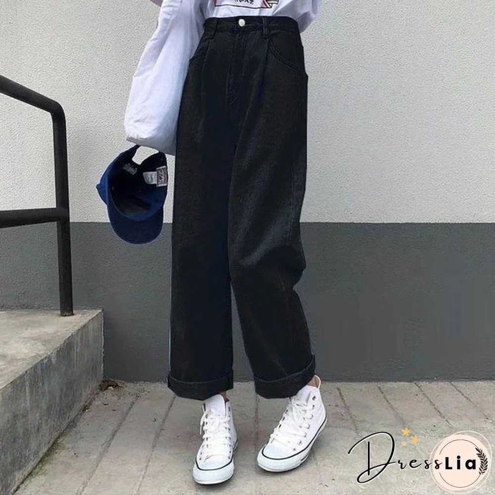 Jeans Women Solid Vintage High Waist Wide Leg Denim Trousers Simple Students All-match Loose Fashion Harajuku Womens Chic Casual