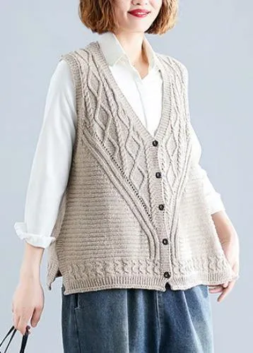 Fashion fall light khaki knit tops oversize sleeveless clothes For Women