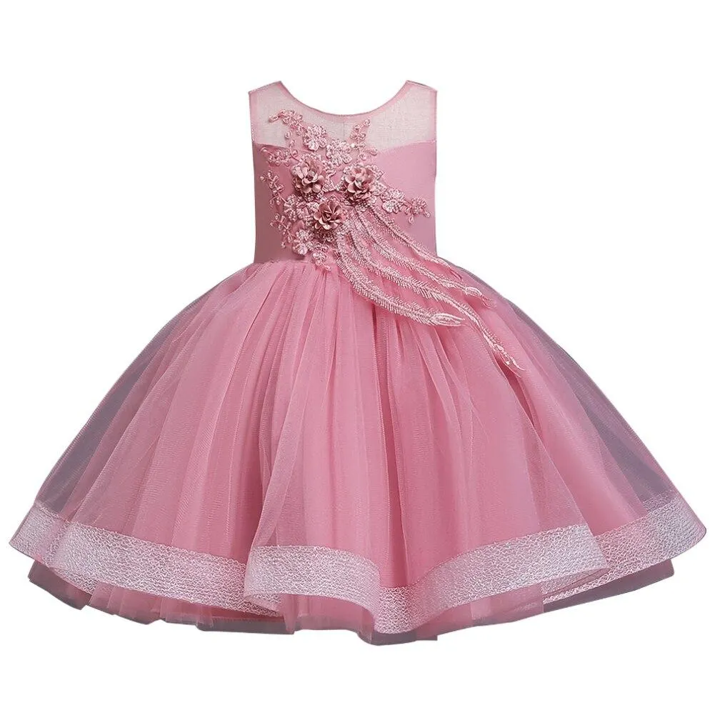 Child Blue Temperament Flower Wedding Dress for Kids of 2-6 Years Old Baby Girls Clothing Designs Round Neck Sleeveless