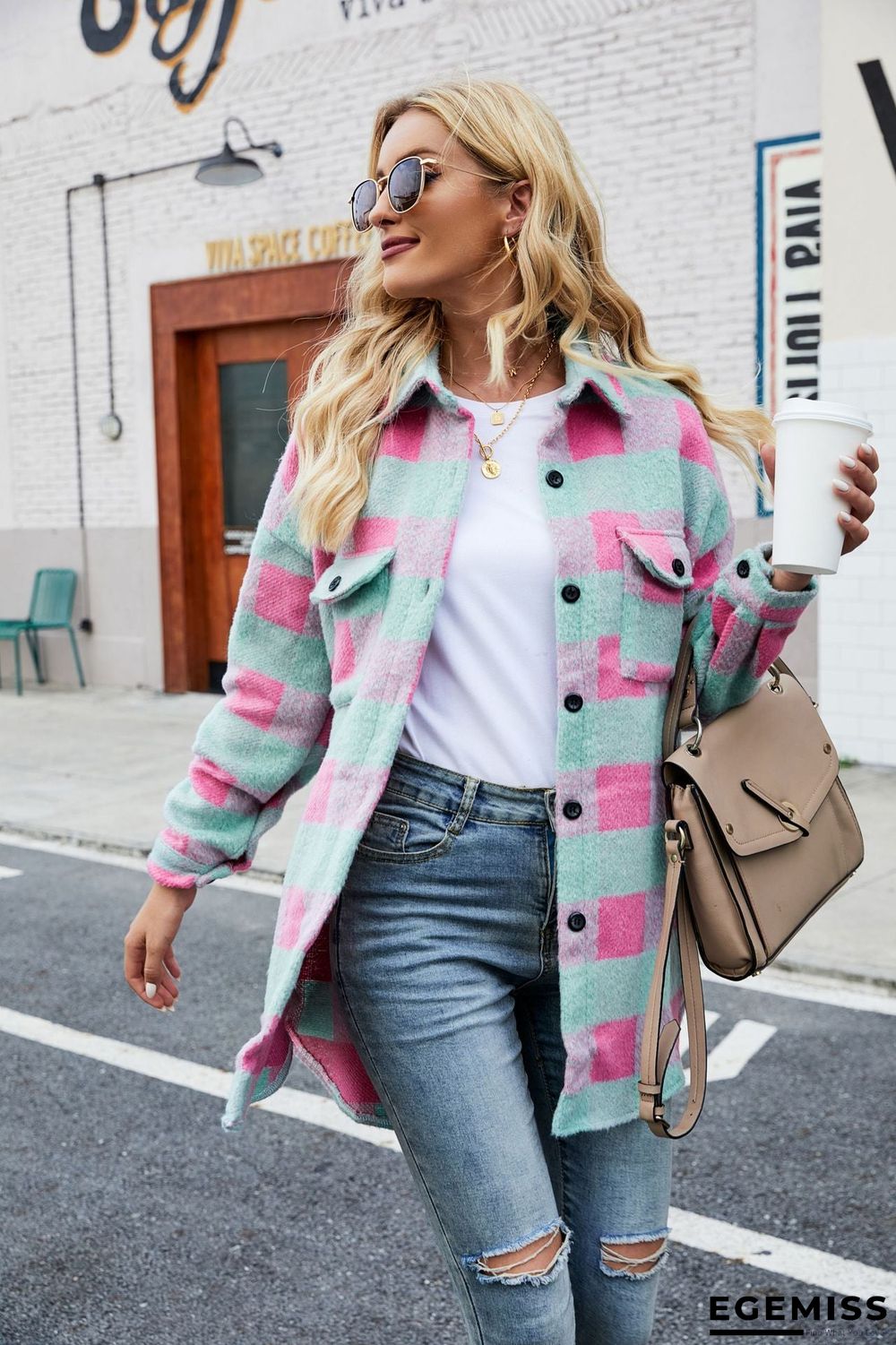 Autumn Winter Suede Coat Single Breasted Lapel Long Sleeve Plaid Cardigan Shirt | EGEMISS