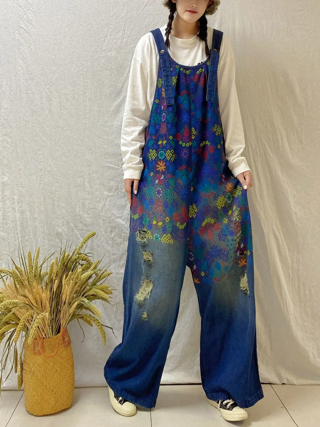 Women's Floral Printed Casual Retro Cropped Workwear Denim Overalls Jumpsuit