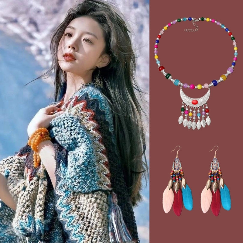 Yunnan Lijiang Travel Outside Knitted Shawl Ethnic Style Vintage Cape Cloak Tassel Scarf For Vacation Wear