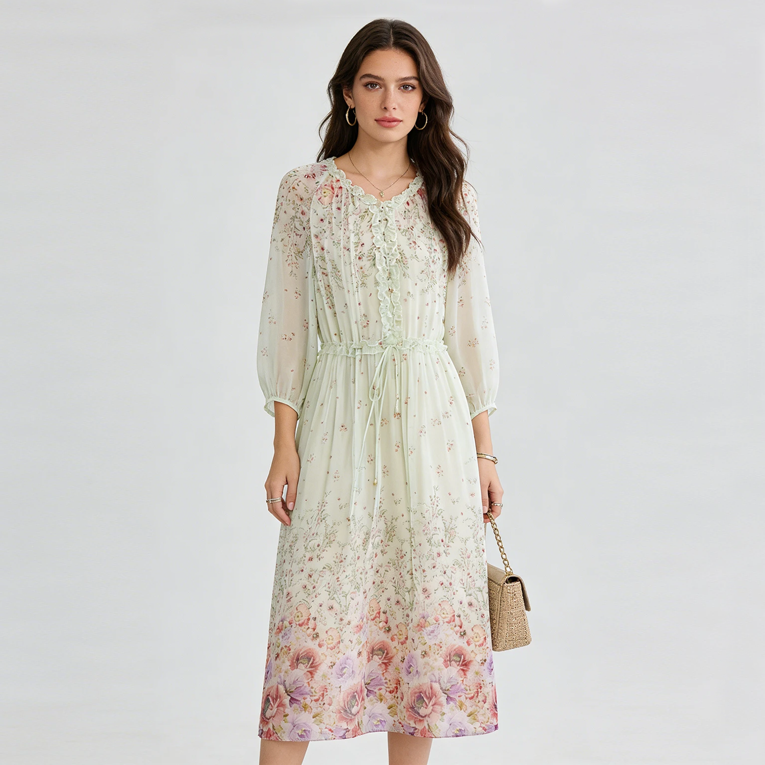 Women's Silk Floral Dress Sheer Sleeve For Wedding Guest REAL SILK LIFE