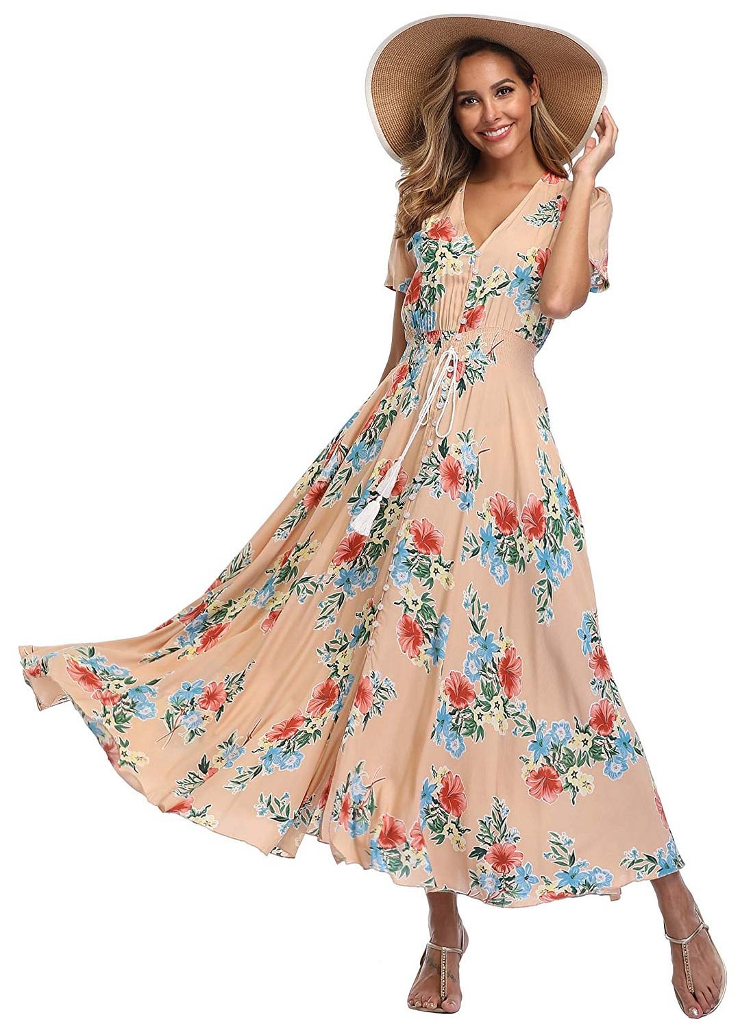 Party Dress Women's Floral Maxi Dresses Boho Button Up Split Beach Party Dress