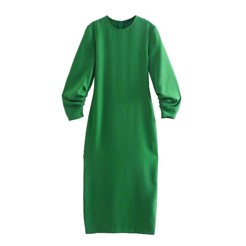 TRAF Women Chic Fashion With Gathered Detail Green Midi Dress Vintage Long Sleeve Back Zipper Female Dresses Vestidos