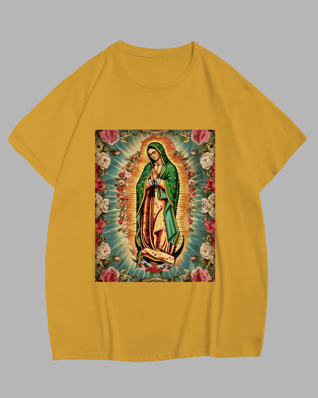Big Guys Yellow Guadalupe Virgin Mary Print Short Sleeve T-Shirt