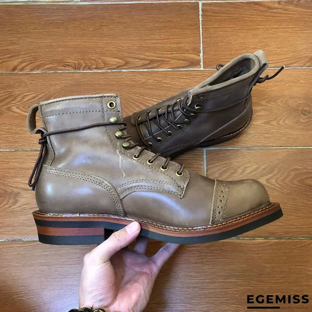 Genuine Genuine Leather Lace-Up Vintage High Quality Tooling White Ankle Boots Motorcycle Boots | EGEMISS
