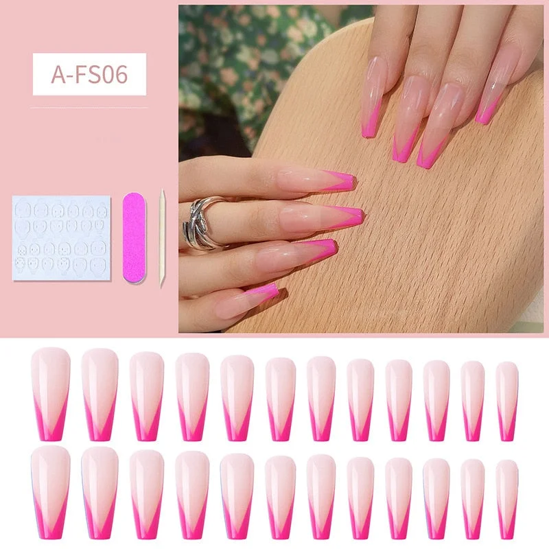 24pcs/box Artificial Nails With Glue Mid-length Fake Nails Gradient Wear Nail Stickers Finished Fake Nails Press On Nails Coffin-Nail Inspo