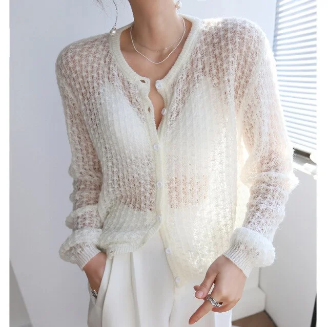 hollow breathable thin knit cardigan sweater