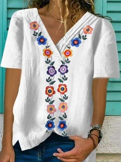 Cotton-Blend Floral V Neck Short Sleeve Shirts & Tops