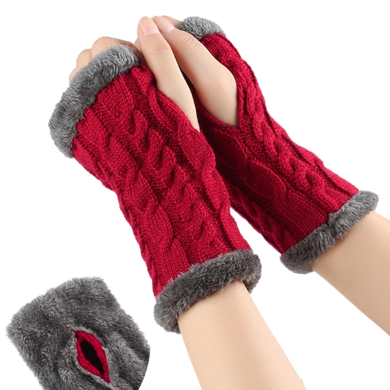 New Autumn And Winter Fleece-lined Wool Gloves Twist Knitted Finger Leakage Plush Oversleeve Warm Thickened Wool Gloves
