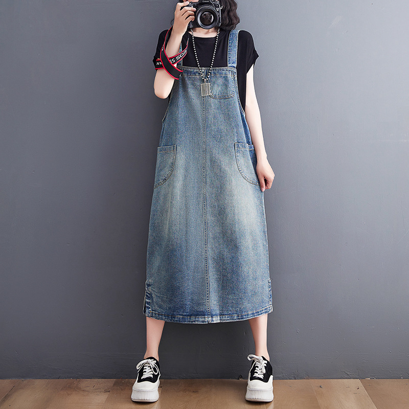 Literary Splicing Denim Suspender Midi Dress