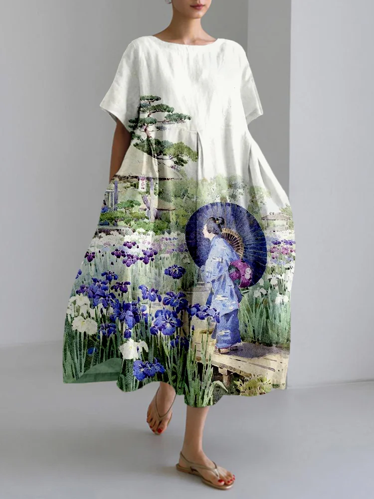 Japanese Iris Painting Art Linen Blend Maxi Dress