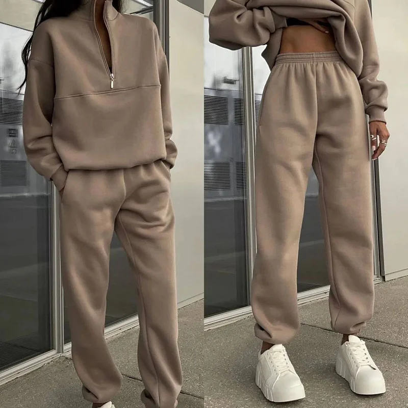 Women's Casual Loose Pullovers Zippers Elastic Waist Trousers Sweatshirt Tracksuit Sets