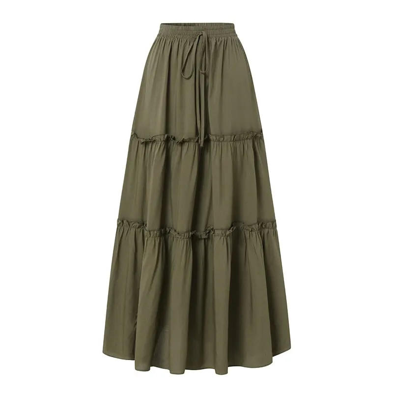 Brownm Elastic Waist Solid Party Holiday Skirt ZANZEA Elegant Women Ruffles Long Skirts Vintage A-line Work Jupe Faldas Saia 7 413-1