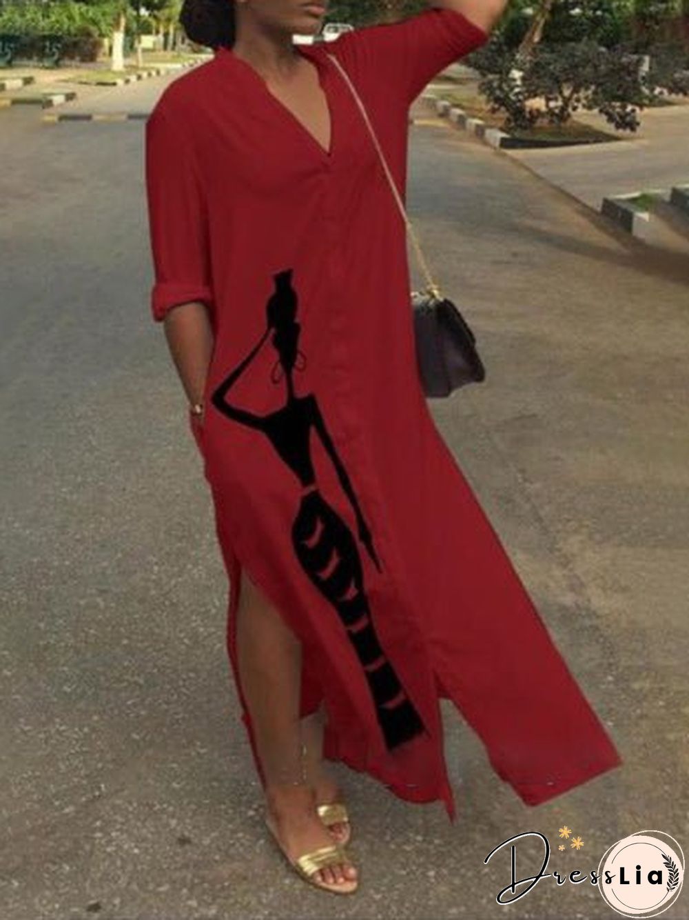 Women'S Dresses Printed Buttons Slit Shirt Dress