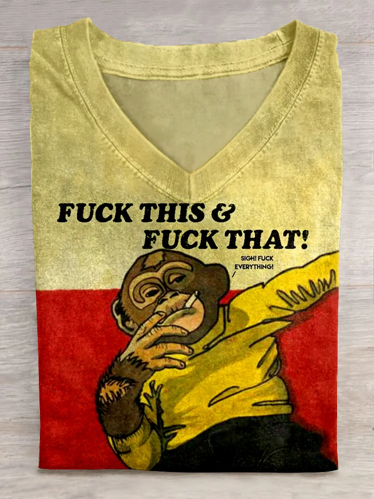 Teecade Teecade  Vintage Funny Fuck Everything Art Print V-neck T-shirt
