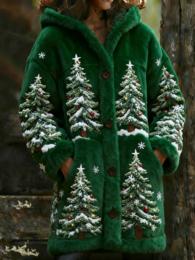 Fleece Snowy Christmas Tree Long Hooded Cardigan elevenforest