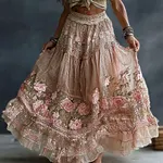 Women's Romantic Floral Roses Art Linen Blend Casual Skirt - Image 3