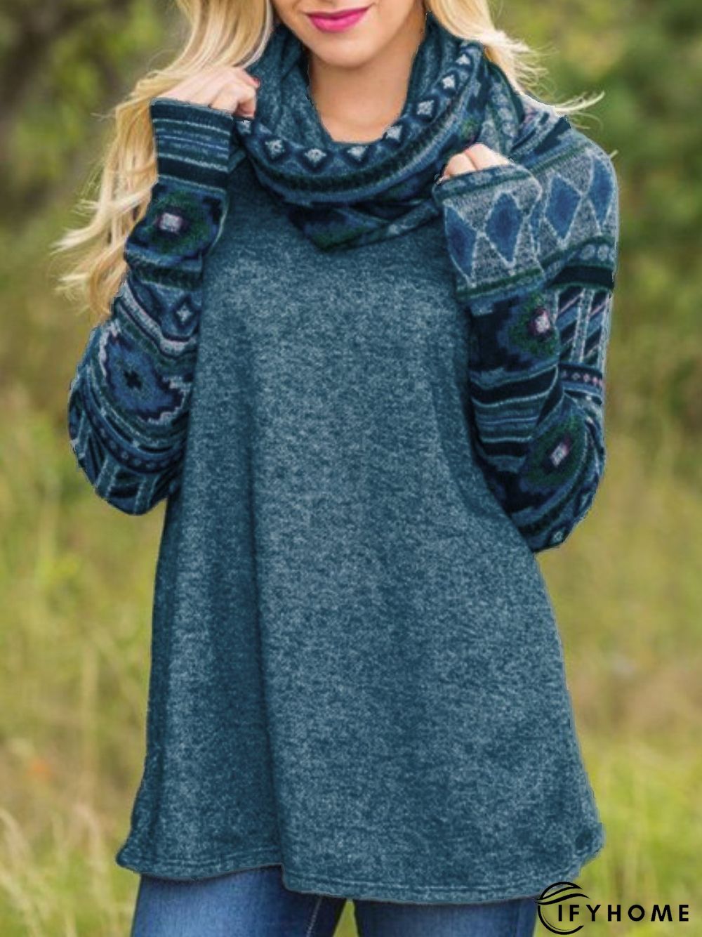 Long Sleeve Printed Cowl Neck Casual Tunic Top | IFYHOME