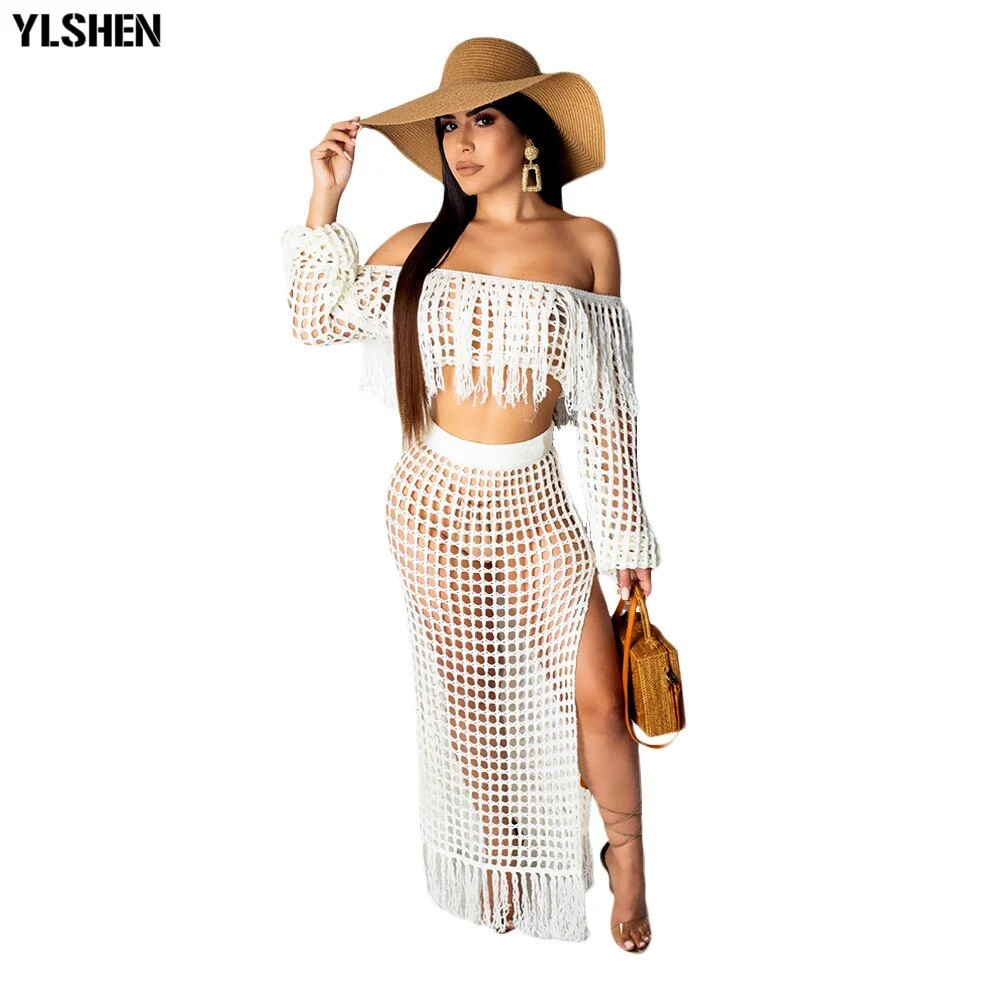Cartoonh Two Piece Skirt Set Women Summer Beach Maxi Two Piece Suits Sexy Hollow Out Mesh Tassel Perspective Tops & Skirts Sets Outfits