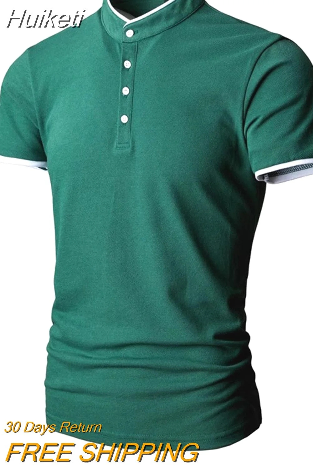 Huiketi Polo Shirts Men Cotton Short Sleeve Business Causal Polo Shirts Solid Color Slim Tops Tees Fashion Men's Clothing 2023