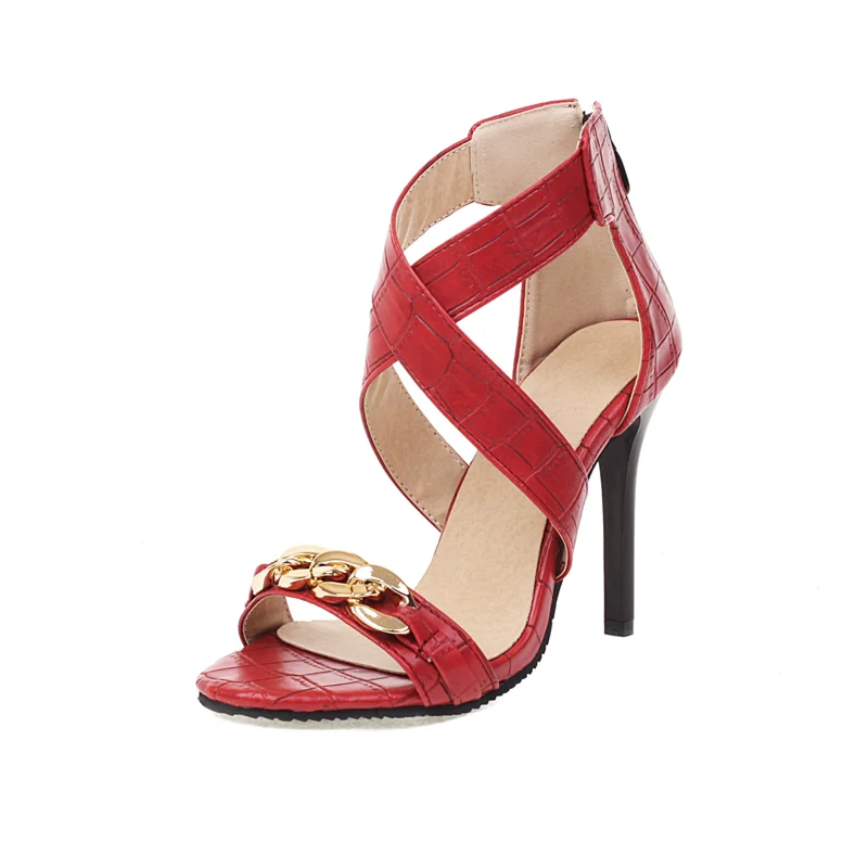 Red Chunky Chain Stiletto Sandals Cross Strap High Heels Strappy Zip Sandals Shoes