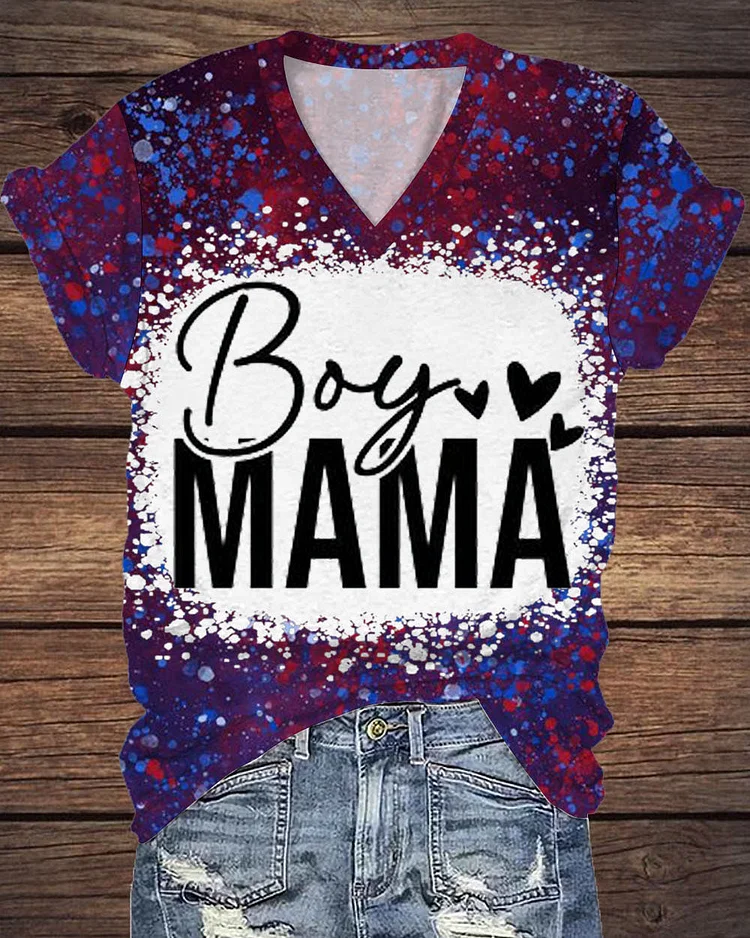 Boy Mama Print V Neck Short Sleeve T-shirt