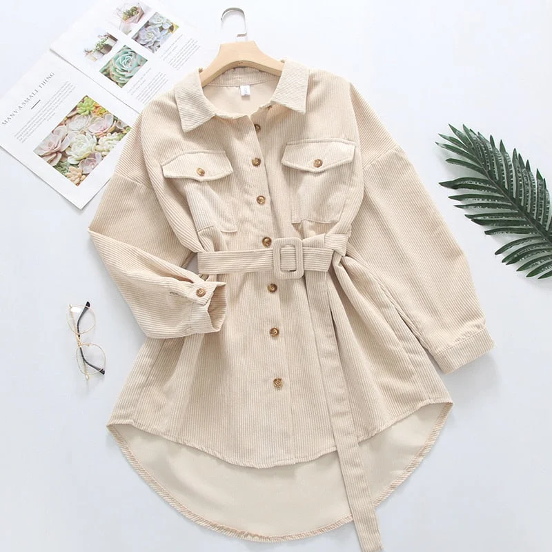 Spring New Women Solid Corduroy Batwing Sleeve Vintage Shirt Jacket With Belt Turn-Down Collar Long Outwear Female Casual Tops