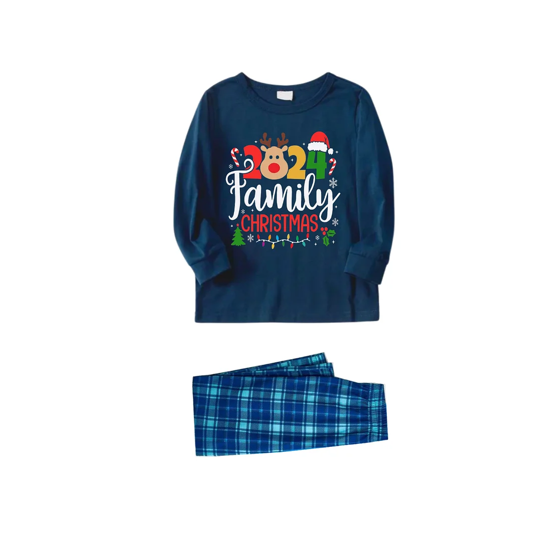 "Family Christmas 2024" Text and Deer Prints Blue Long Sleeve Top With Blue Plaid Family Matching Pajamas