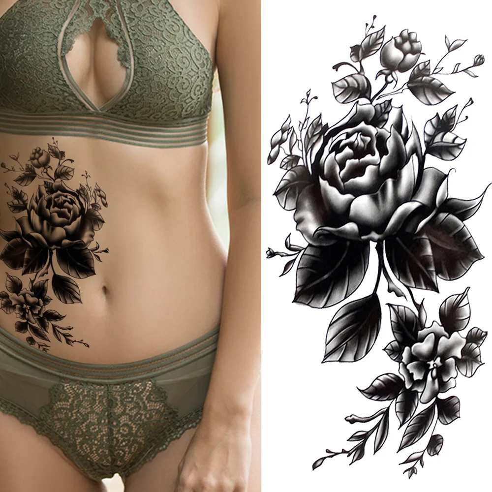 Sdrawing Sketch Flower Temporary Tattoos Realistic Fake Black Rose Peony Lotus Tatoos For Women Body Art Decor Tatoos For Party