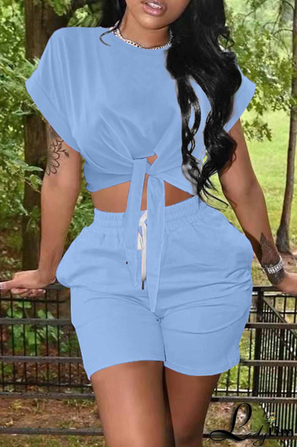 Black Fashion Casual Solid Bandage O Neck Short Sleeve Two Pieces