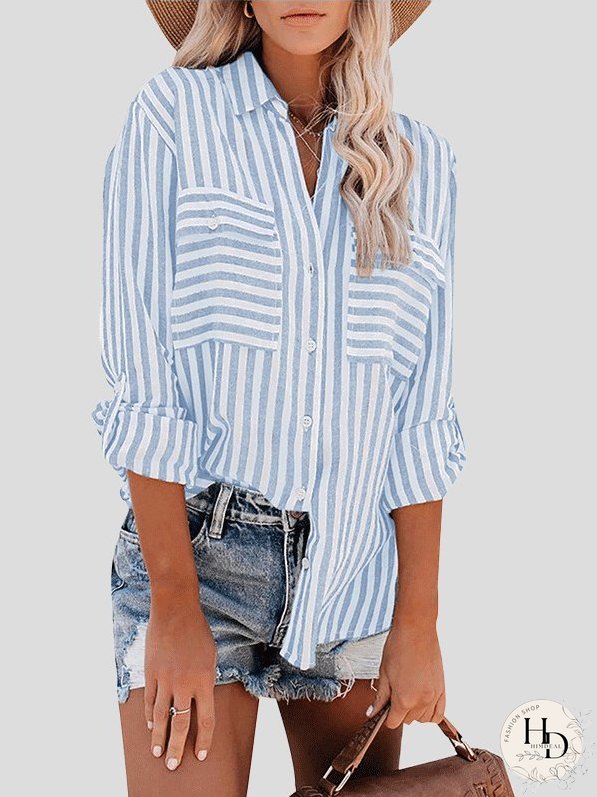 Blouses Striped Single-Breasted Long Sleeve Blouse for Women