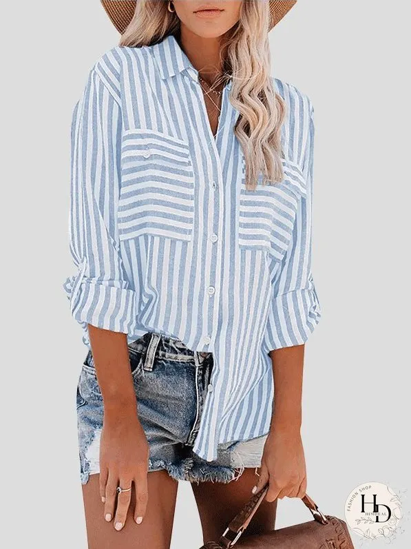 Blouses Striped Single-Breasted Long Sleeve Blouse for Women