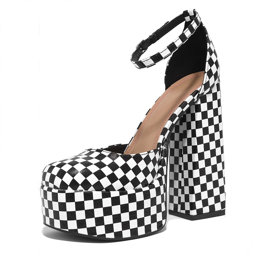 White & Black Check Round Toe Ankle Strap Platform Chunky Heels Nicepairs