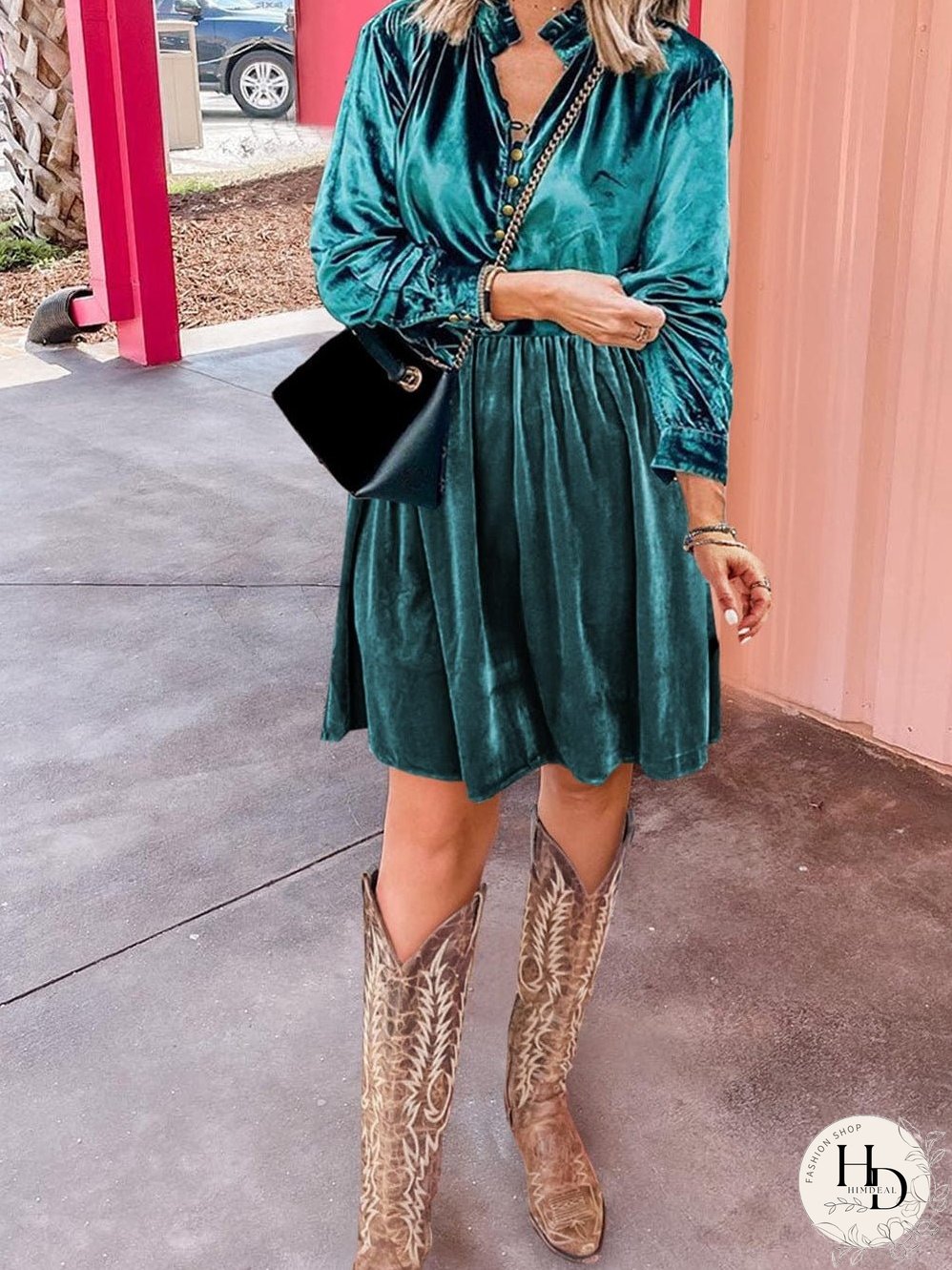 Elegant Green Velvet Ruffled Button-Up Mini Dress