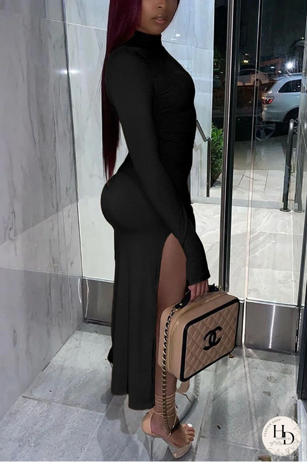 Black Sexy Solid Slit Turtleneck Long Sleeve Ankle Length Long Sleeve Dress Dresses