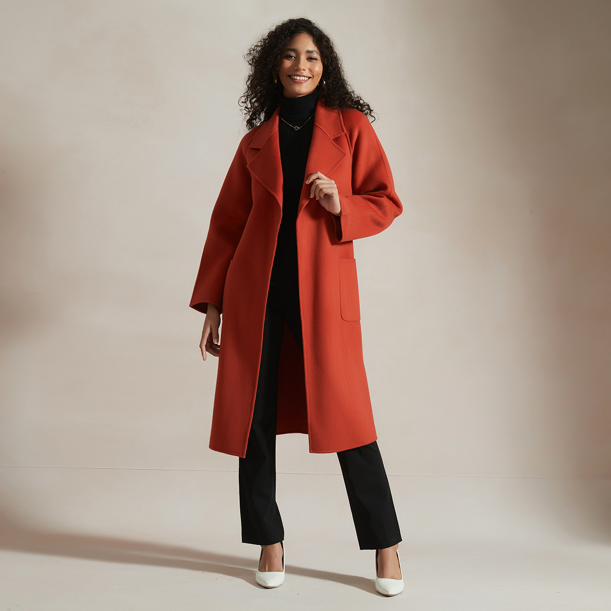 Classic Collection Women's Belted Wrap Wool Coat-Orange REAL SILK LIFE